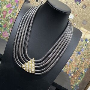 Multi Strand Gun Metal Gray Coil Chain Necklace Statement Pendant Heavy 18"